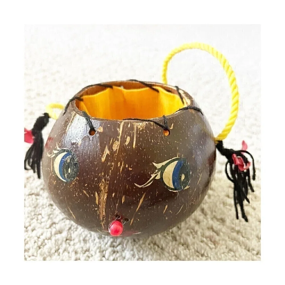 Handmade Coconut Shell Purse Smiley Girl Face Braided Hair Curiosity Oddity